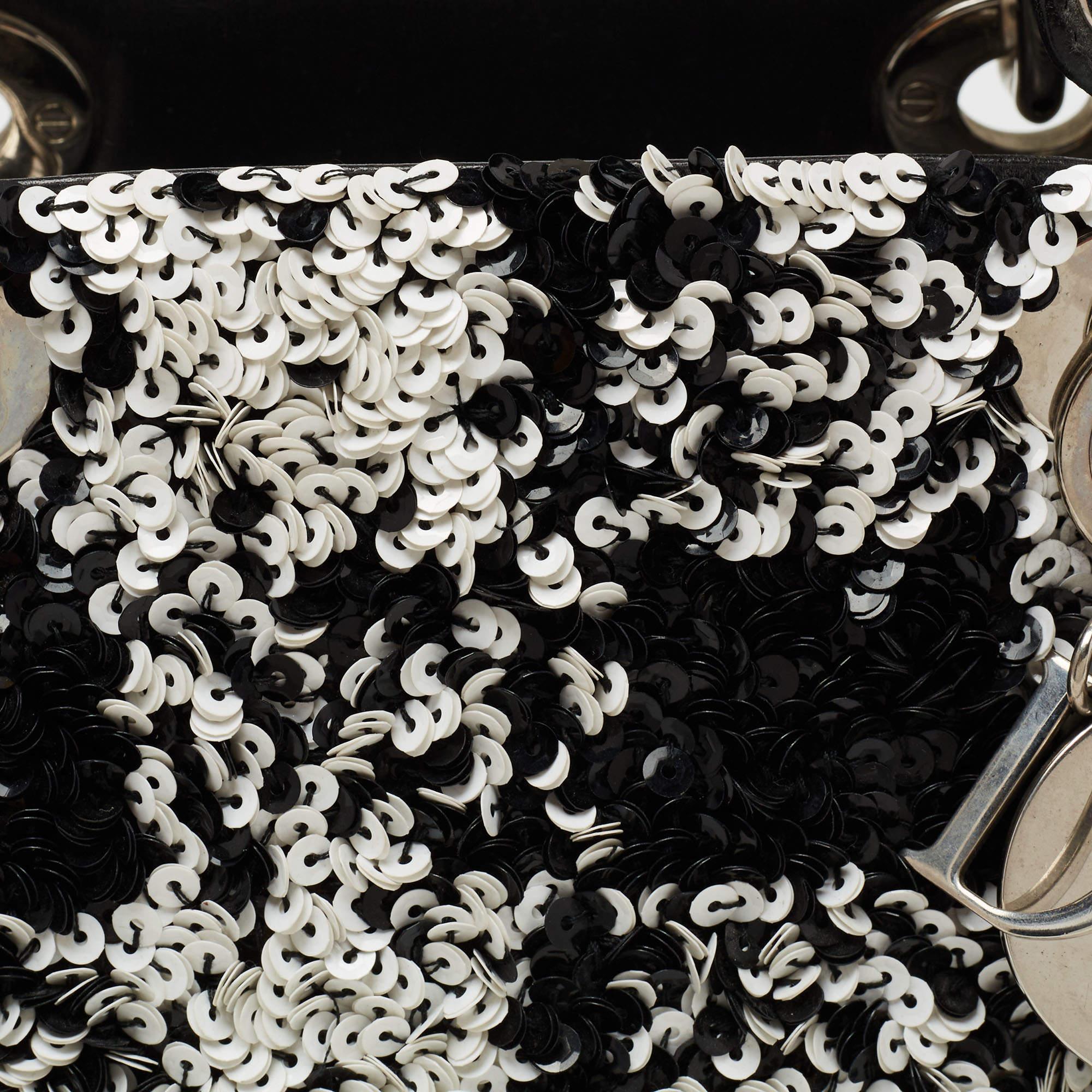 Dior Black/White Sequins and Leather Medium Lady Dior Tote 9