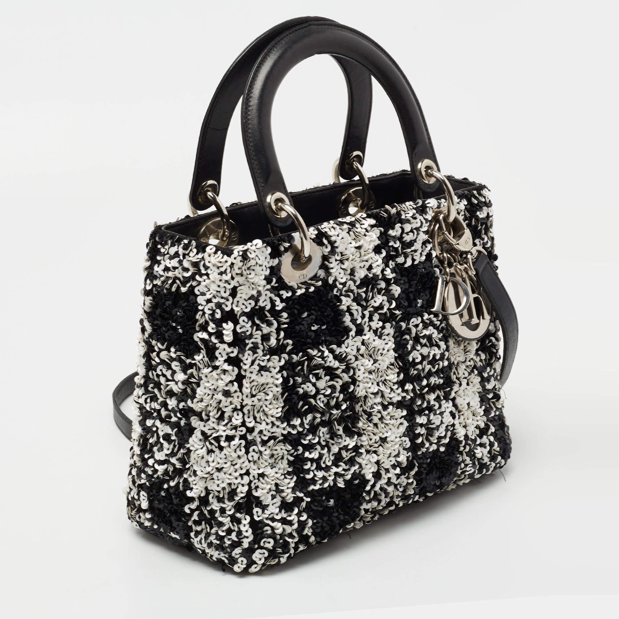 Women's Dior Black/White Sequins and Leather Medium Lady Dior Tote
