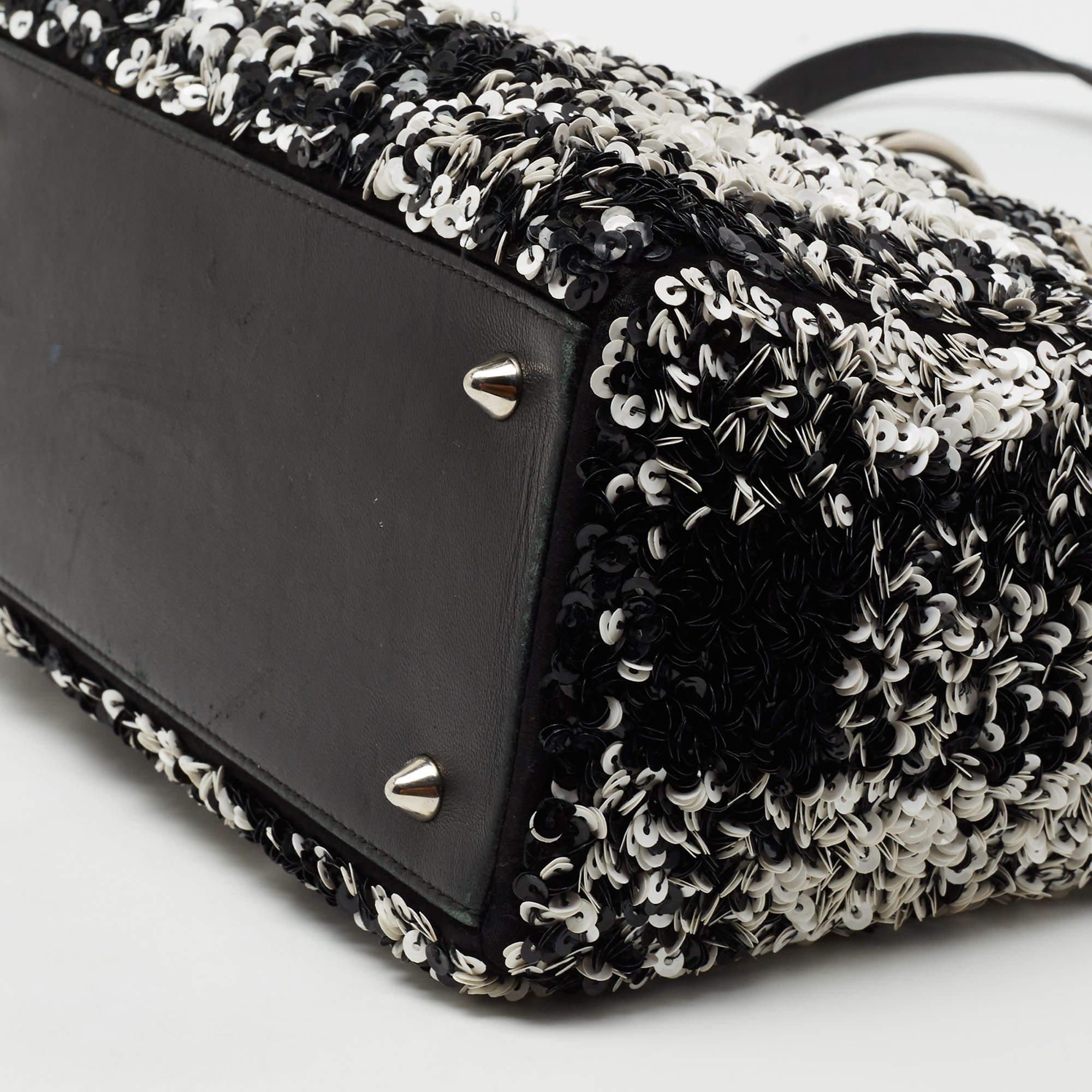 Dior Black/White Sequins and Leather Medium Lady Dior Tote 3