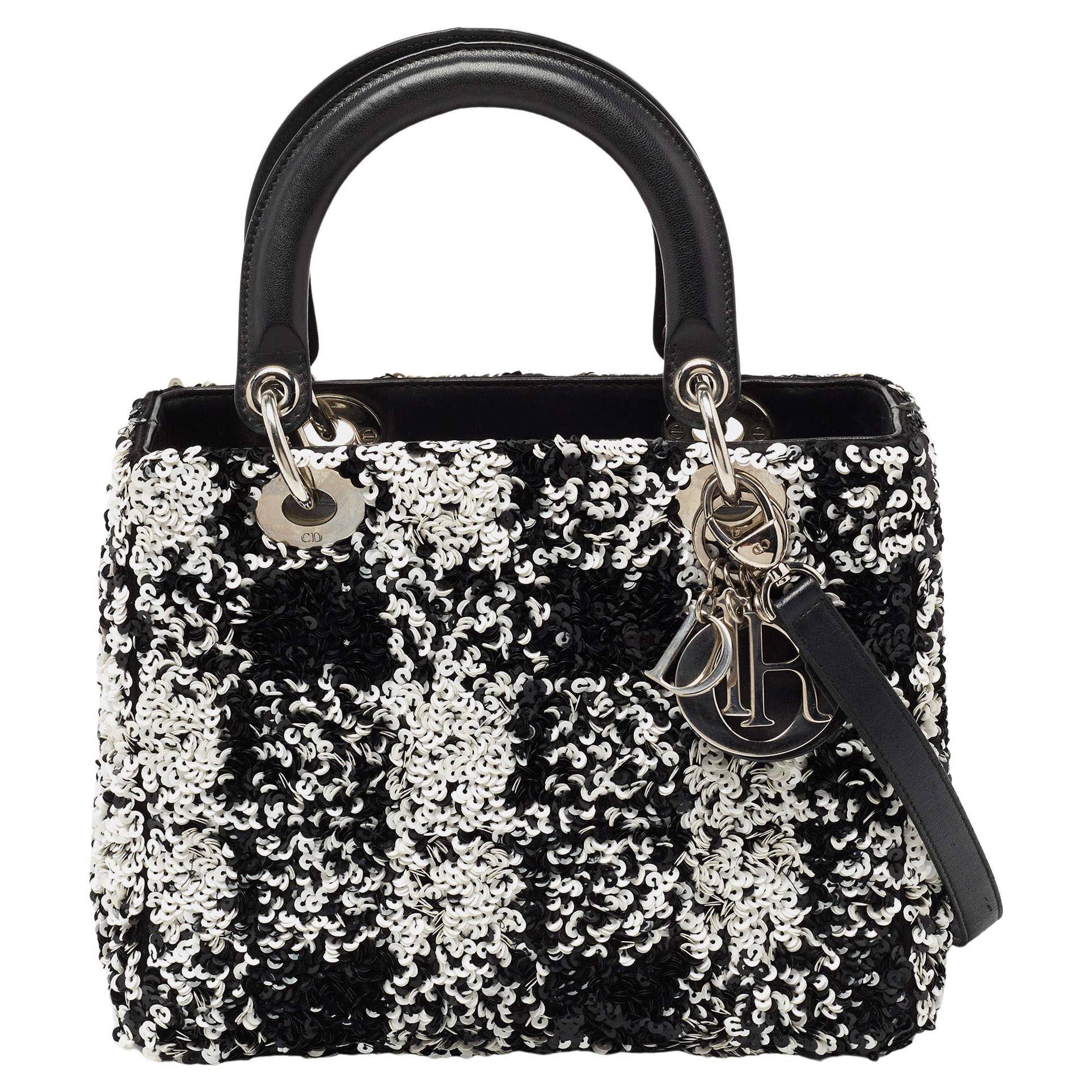 Dior Black/White Sequins and Leather Medium Lady Dior Tote