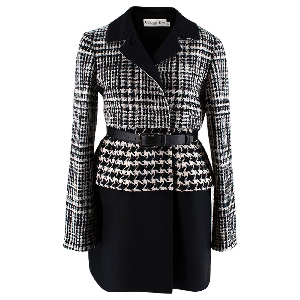 Dior Black & White Wool Blend Houndstooth Belted Coat - Size US 8 For Sale