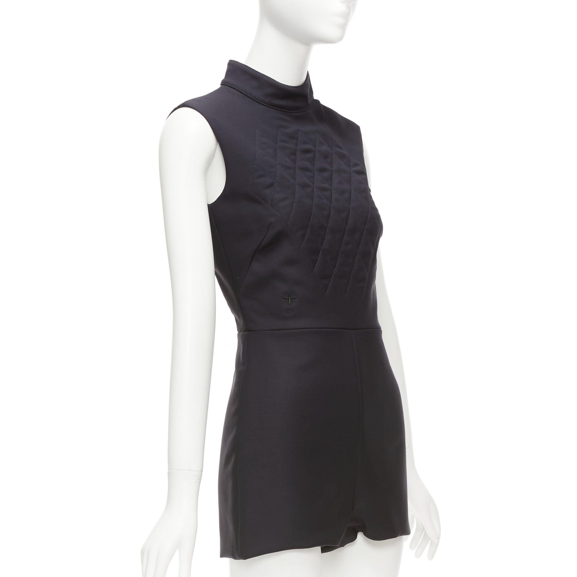 DIOR black wool blend CD bee quilted bodice hi neck playsuit FR34 XS In Excellent Condition In Hong Kong, NT