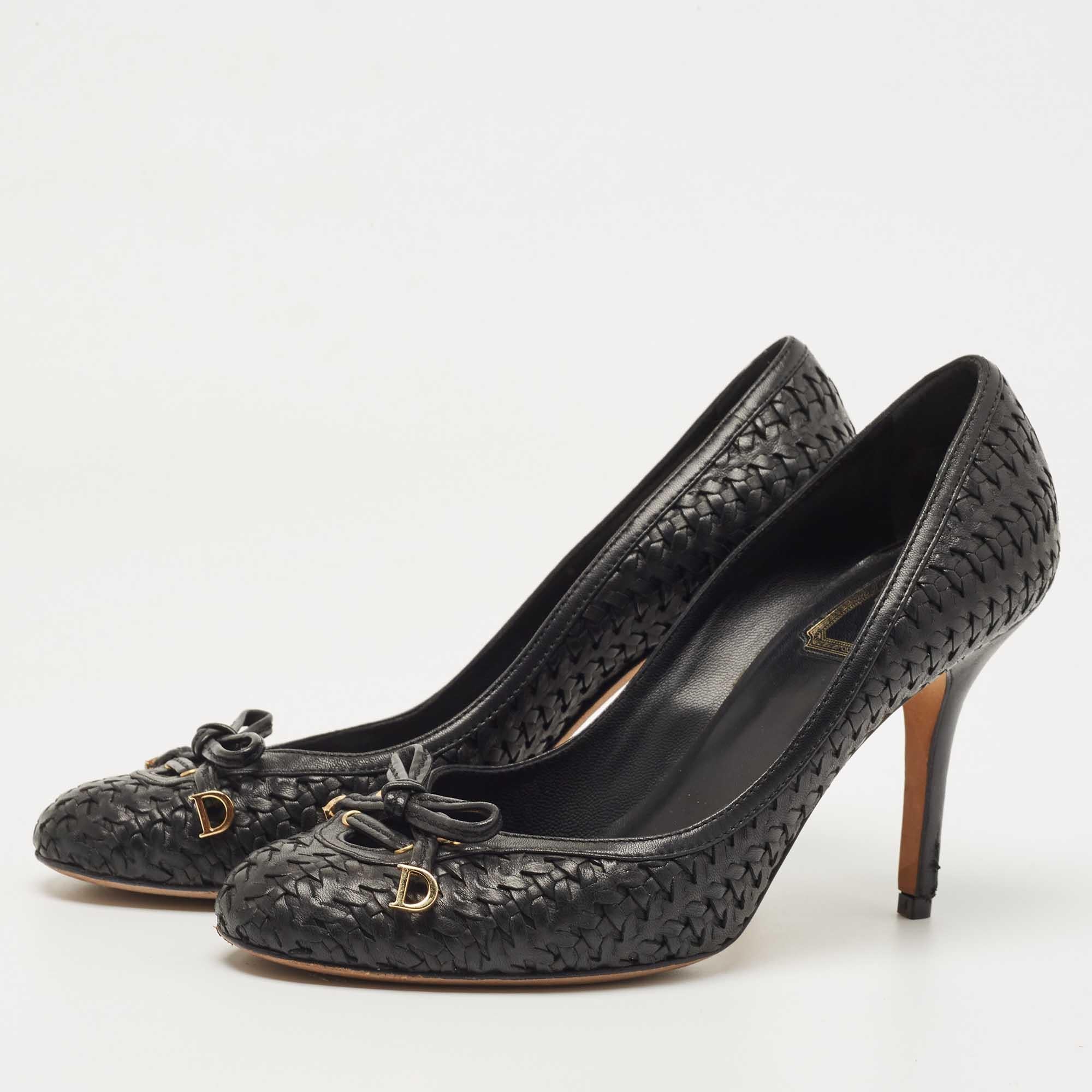Women's Dior Black Woven Leather CD Charm Bow Pumps Size 38.5