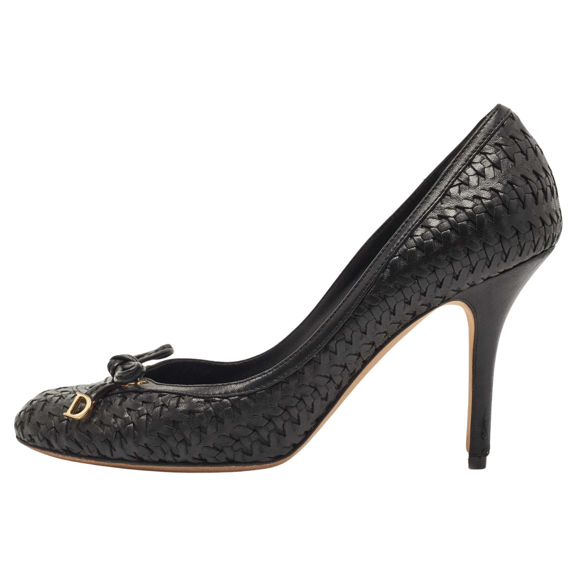 Dior Black Woven Leather CD Charm Bow Pumps Size 38.5