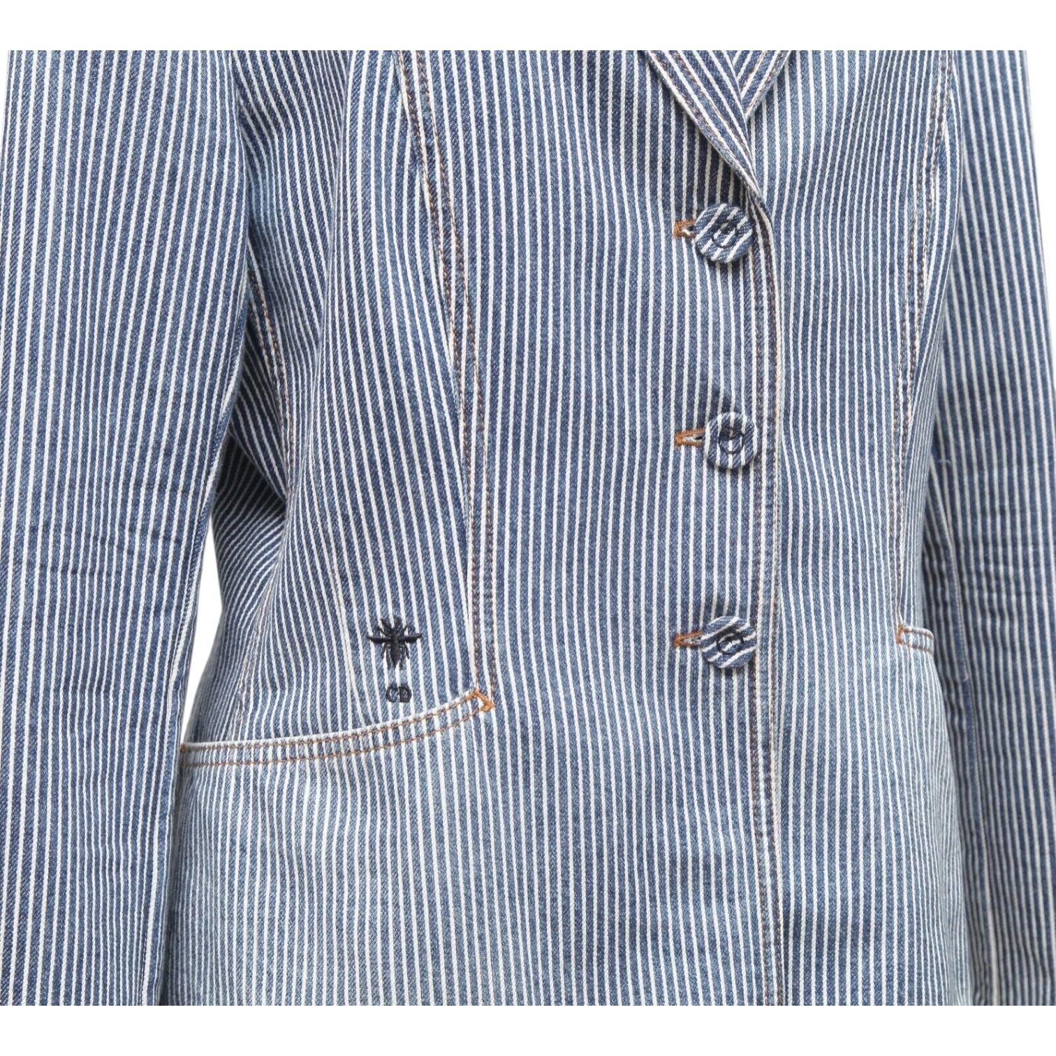 DIOR Blazer Denim Coat BAR JACKET Striped Blue White Cotton US 14 F 46 $4300 In Fair Condition For Sale In Hollywood, FL