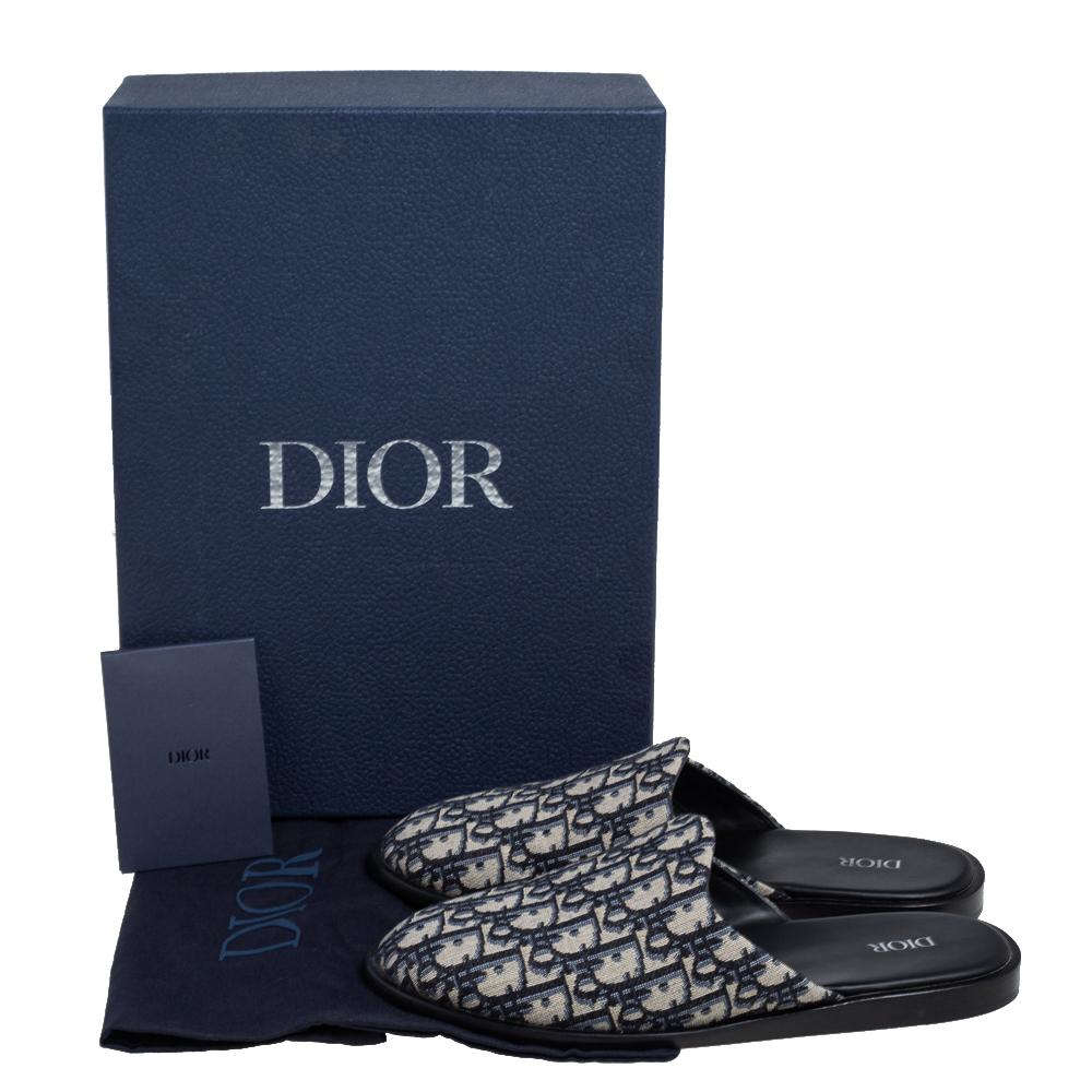 Men's Dior Blue/Beige Oblique Embroidered Cotton Fabric Mules Size 41