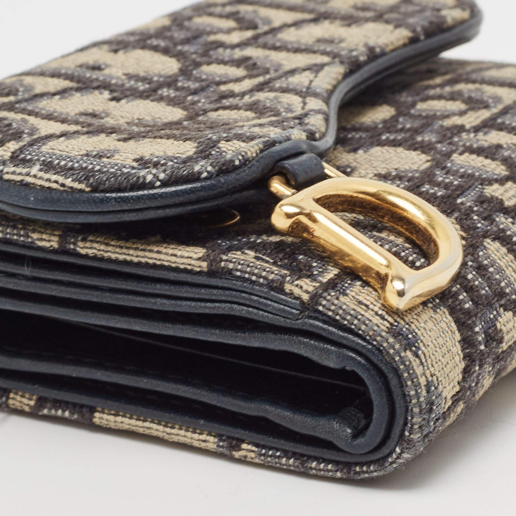 Dior Blue/Beige Oblique Jacquard Saddle Lotus Wallet In Good Condition In Dubai, Al Qouz 2