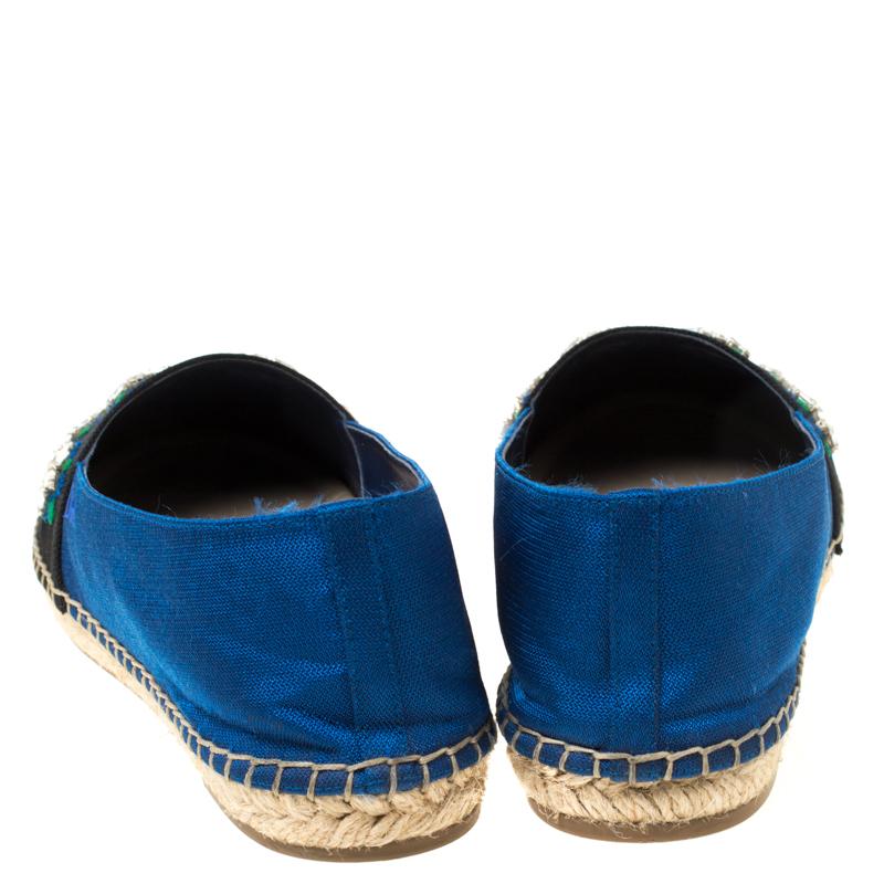Dior Blue/Black Crystal Embellished Fabric Riviera Espadrille Loafers Size 37.5 In Good Condition In Dubai, Al Qouz 2
