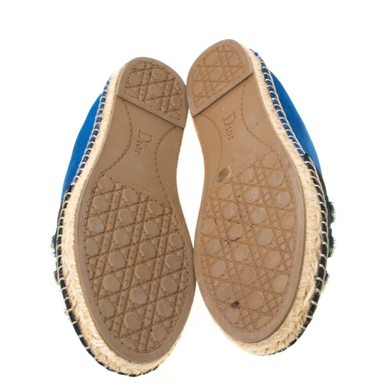 Women's Dior Blue/Black Crystal Embellished Fabric Riviera Espadrille Loafers Size 37.5