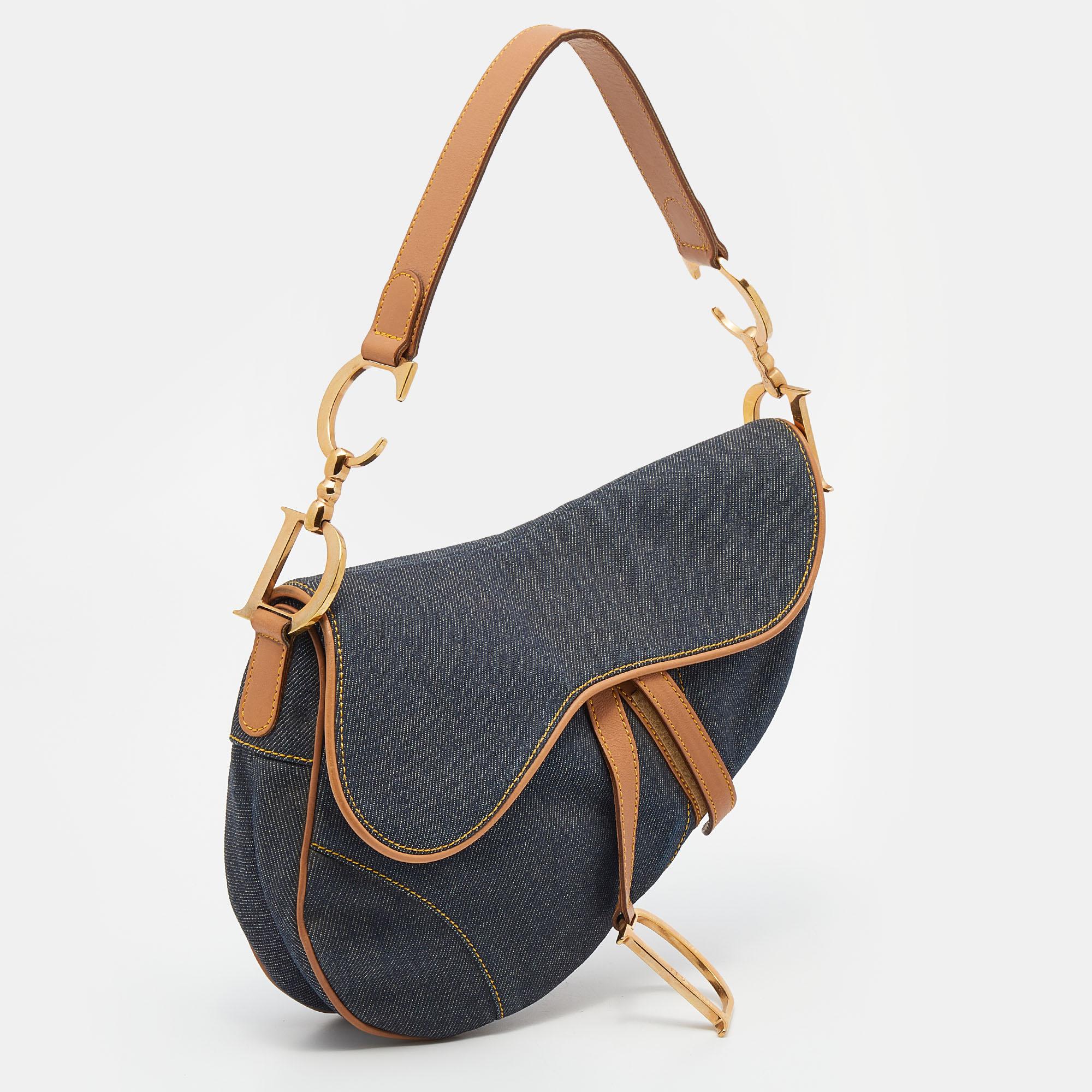 Dior Blue/Brown Denim and Leather Saddle Bag In Good Condition In Dubai, Al Qouz 2