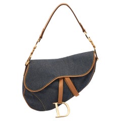 Used Dior Blue/Brown Denim and Leather Saddle Bag