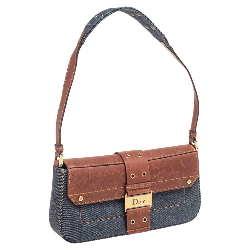 Dior Blue/Brown Denim And Leather Street Chic Shoulder Bag In Good Condition In Dubai, Al Qouz 2