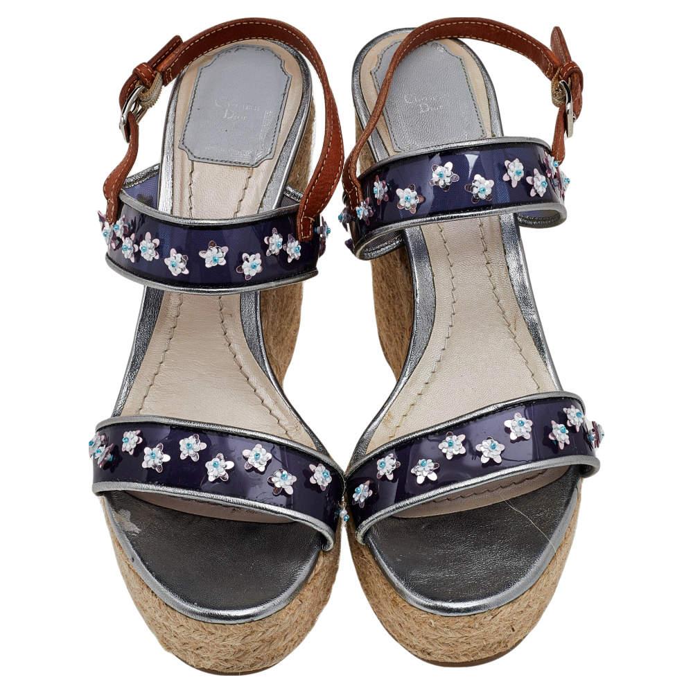 Dior Blue/Brown PVC And Leather Flower Platform Espadrille Sandals Size 38.5 In Good Condition In Dubai, Al Qouz 2