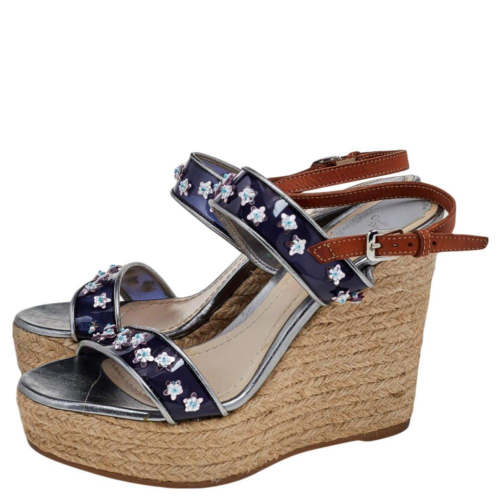 Women's Dior Blue/Brown PVC And Leather Flower Platform Espadrille Sandals Size 38.5