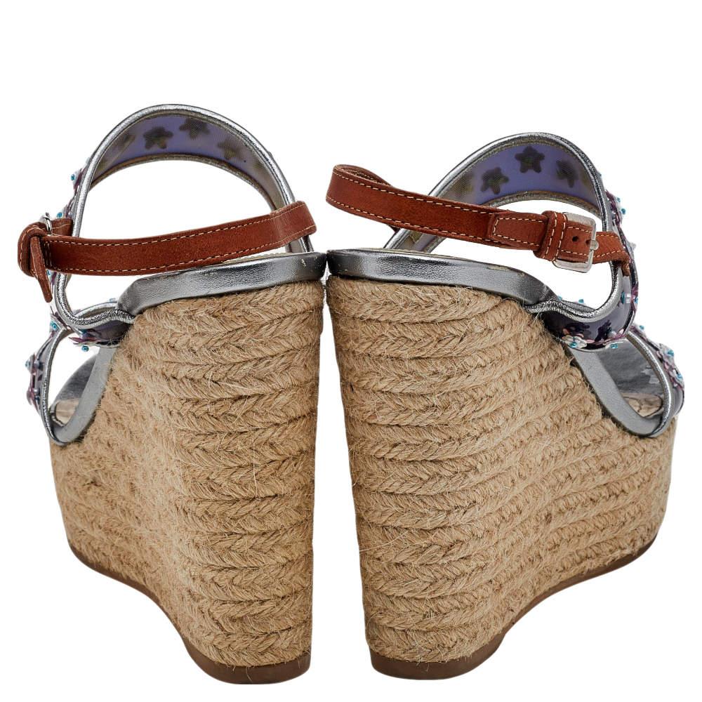 Dior Blue/Brown PVC And Leather Flower Platform Espadrille Sandals Size 38.5 1