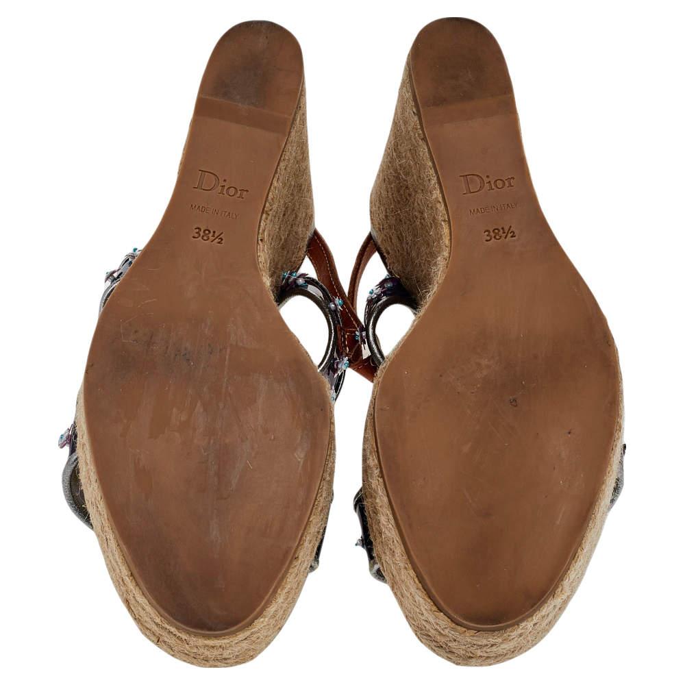 Dior Blue/Brown PVC And Leather Flower Platform Espadrille Sandals Size 38.5 2