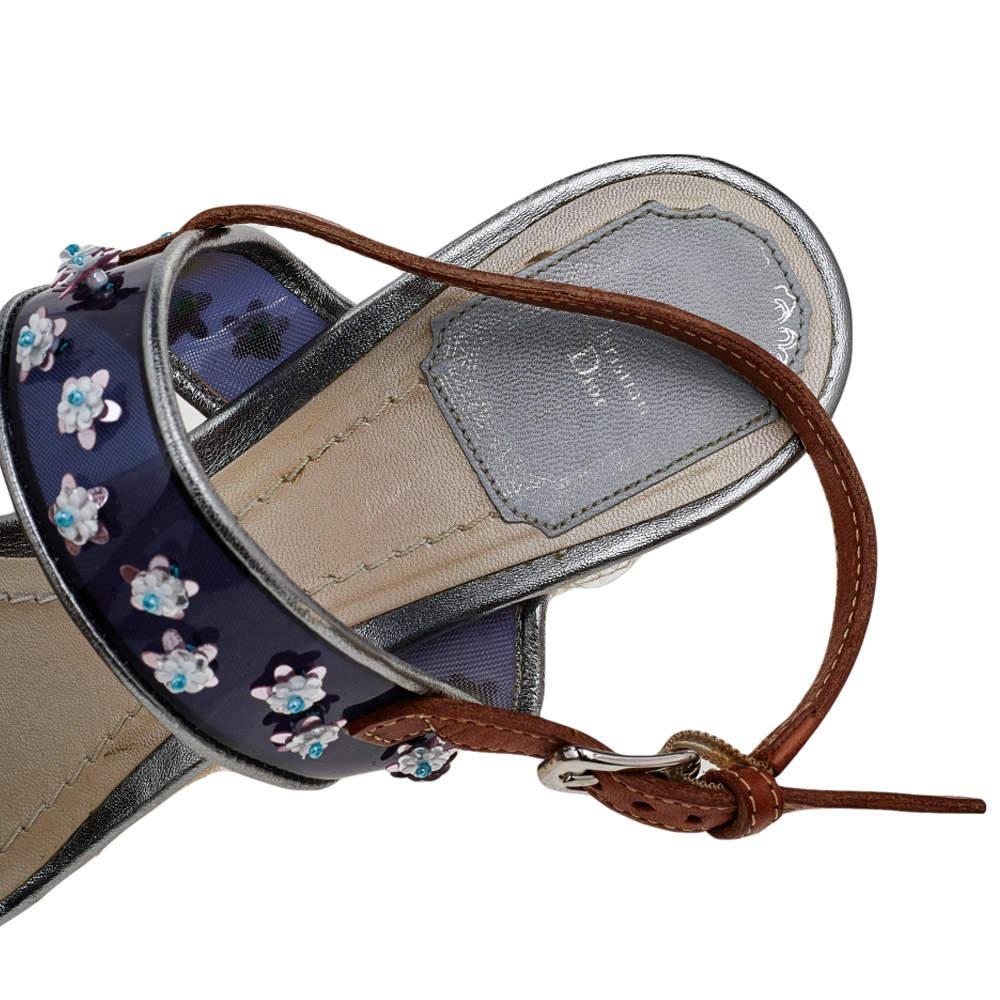 Dior Blue/Brown PVC And Leather Flower Platform Espadrille Sandals Size 38.5 3
