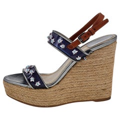 Dior Blue/Brown PVC And Leather Flower Platform Espadrille Sandals Size 38.5