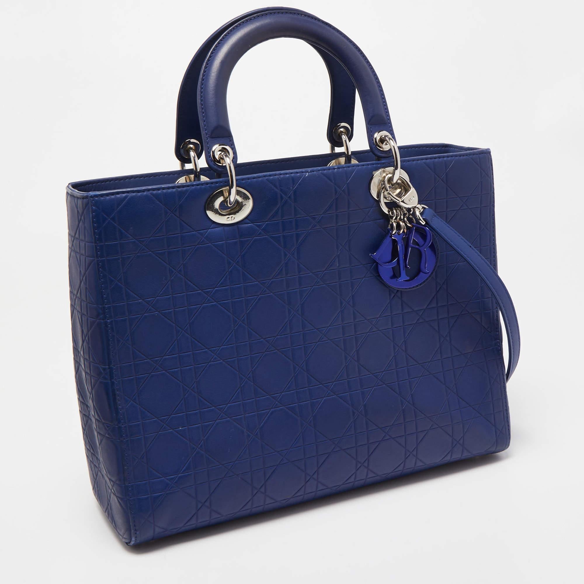 Dior Blue Cannage Embossed Leather Large Lady Dior Tote For Sale 9
