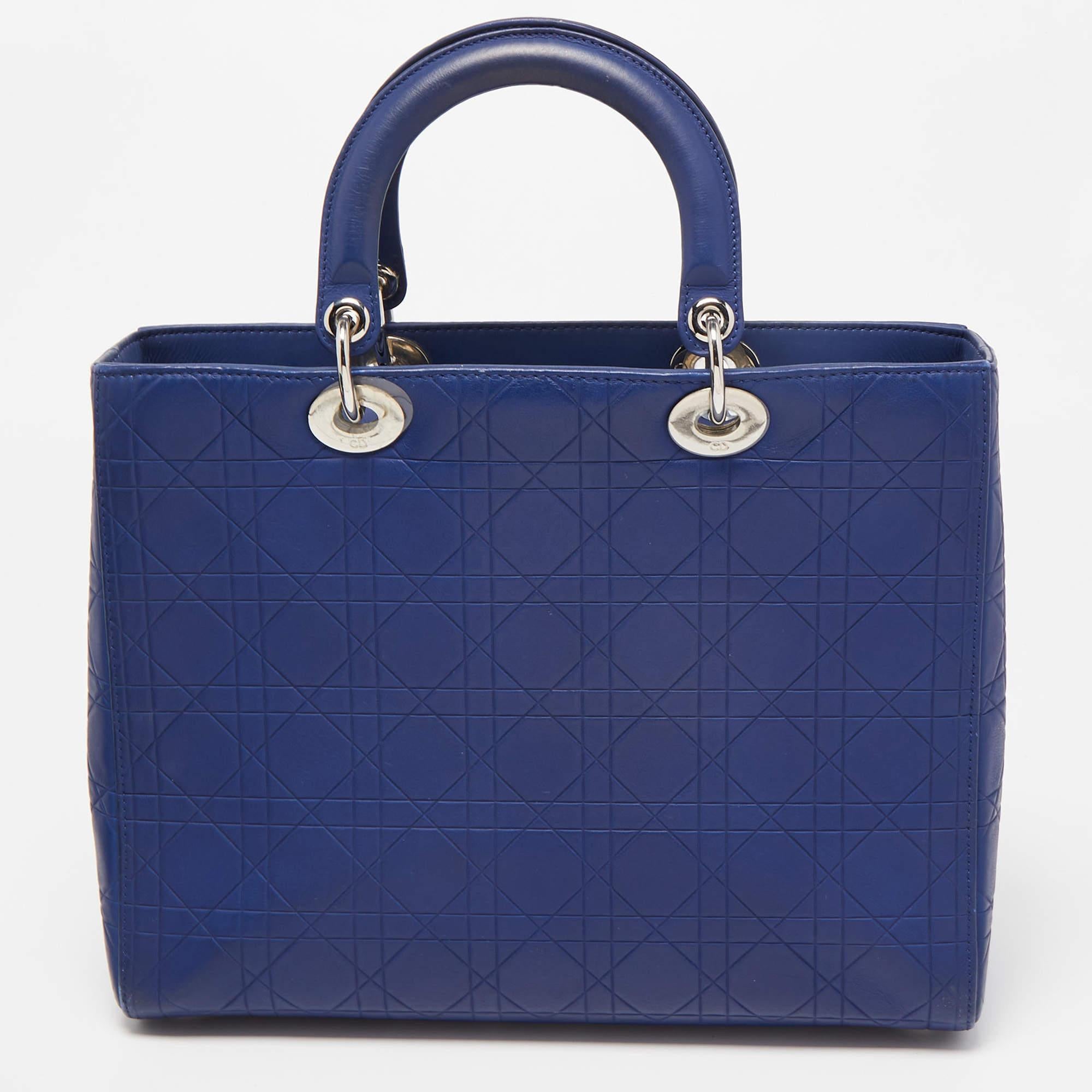 Dior Blue Cannage Embossed Leather Large Lady Dior Tote For Sale 10