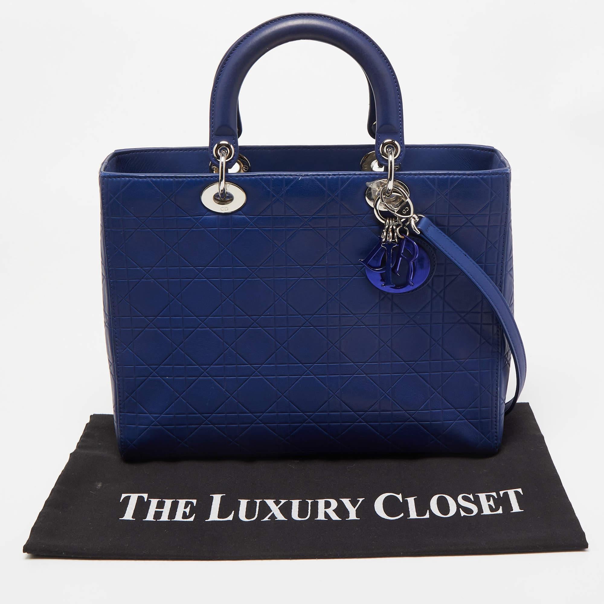 Dior Blue Cannage Embossed Leather Large Lady Dior Tote For Sale 2