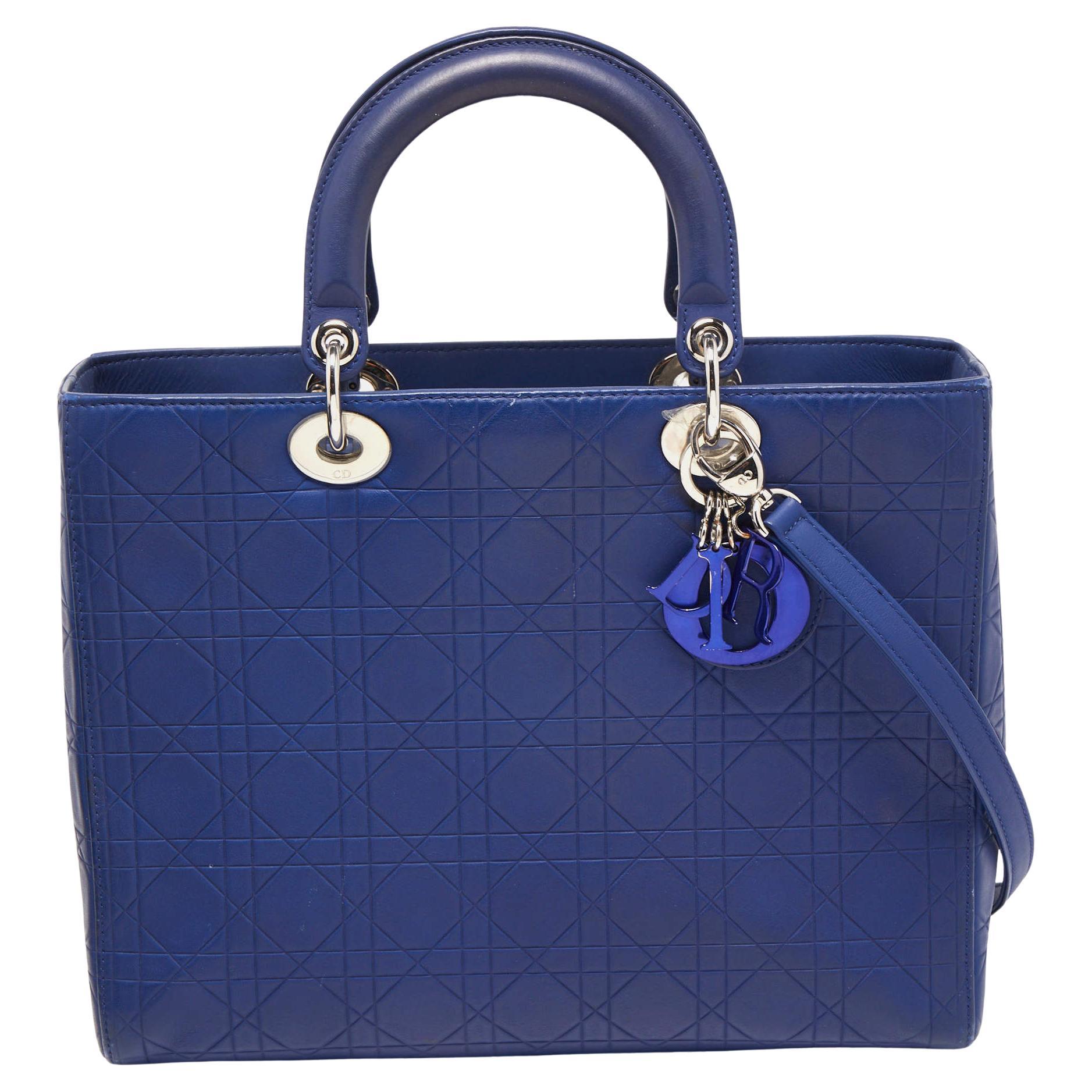Dior Blue Cannage Embossed Leather Large Lady Dior Tote For Sale