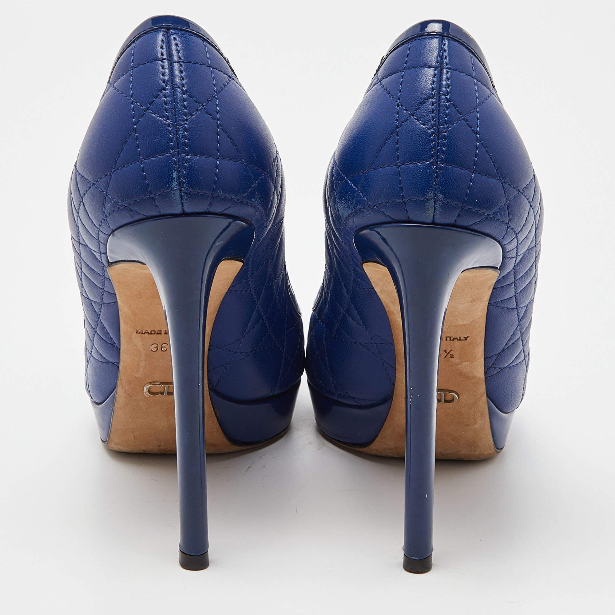 Dior Blue Cannage Leather and Patent Bow Peep Toe Platform Pumps Size 36.5 For Sale 3