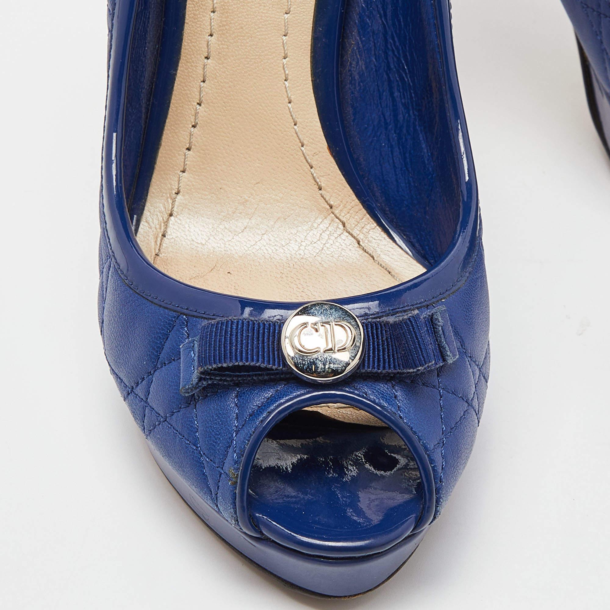 Dior Blue Cannage Leather and Patent Bow Peep Toe Platform Pumps Size 36.5 For Sale 4