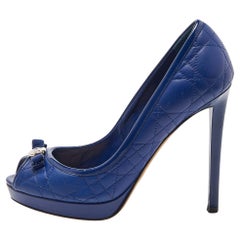 Dior Blue Cannage Leather and Patent Bow Peep Toe Platform Pumps Size 36.5