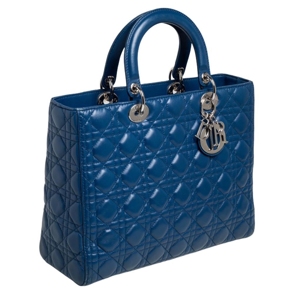 Dior Blaue große Lady Dior Tote aus Cannage-Leder Damen