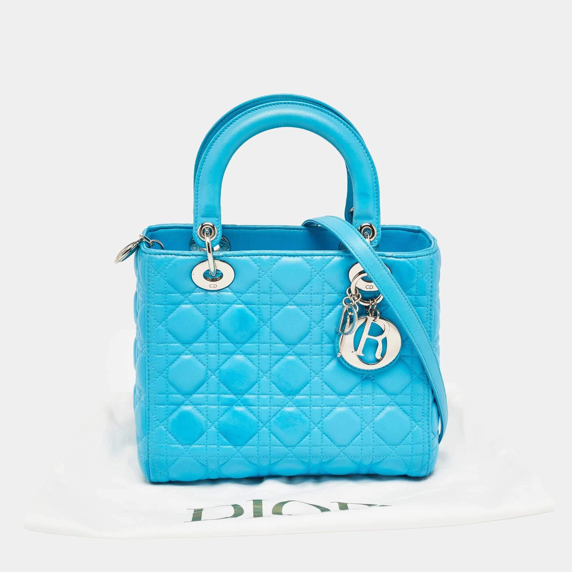 Dior Blue Cannage Leather Medium Lady Dior Tote For Sale 7