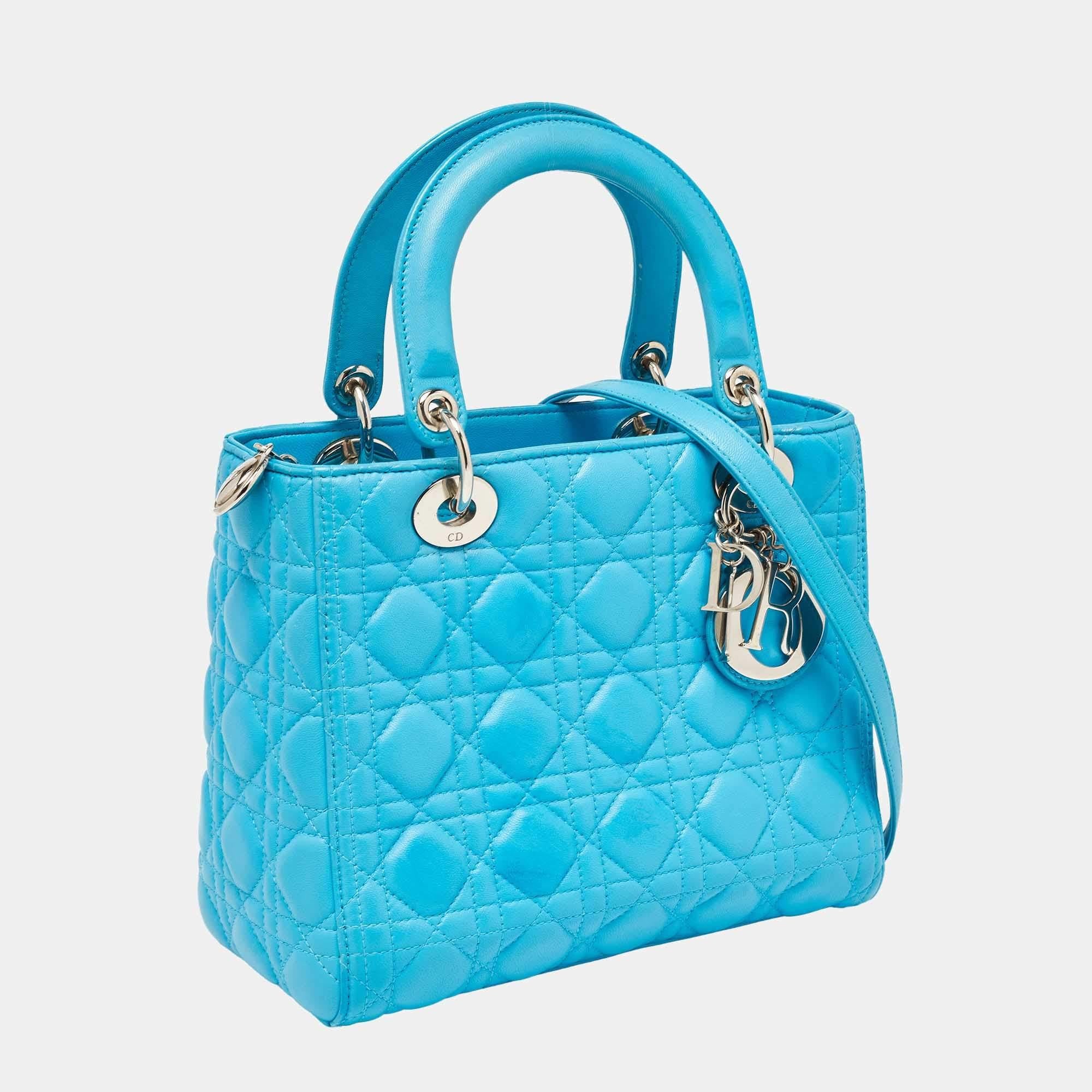 Dior Blue Cannage Leather Medium Lady Dior Tote In Good Condition For Sale In Dubai, Al Qouz 2
