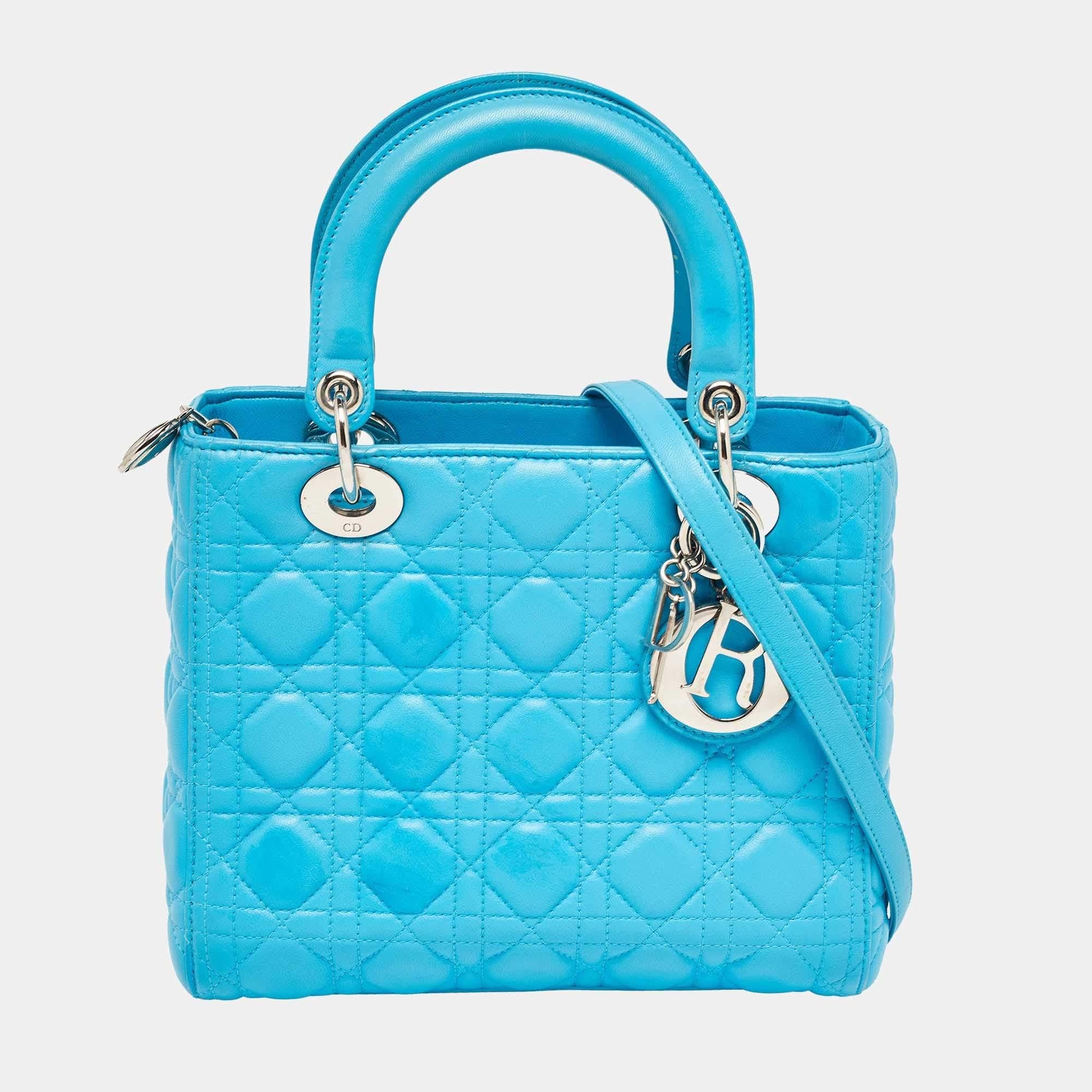 Dior Blue Cannage Leather Medium Lady Dior Tote For Sale 2