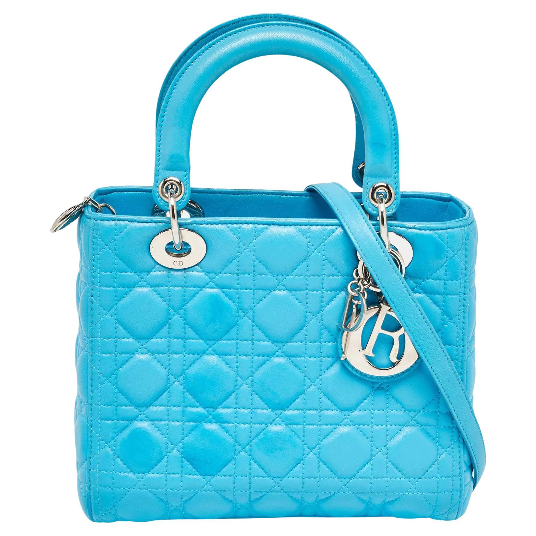 Dior Blue Cannage Leather Medium Lady Dior Tote For Sale