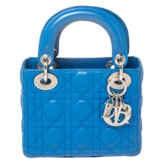 Used Dior Blue Cannage Leather Mini Lady Dior Tote