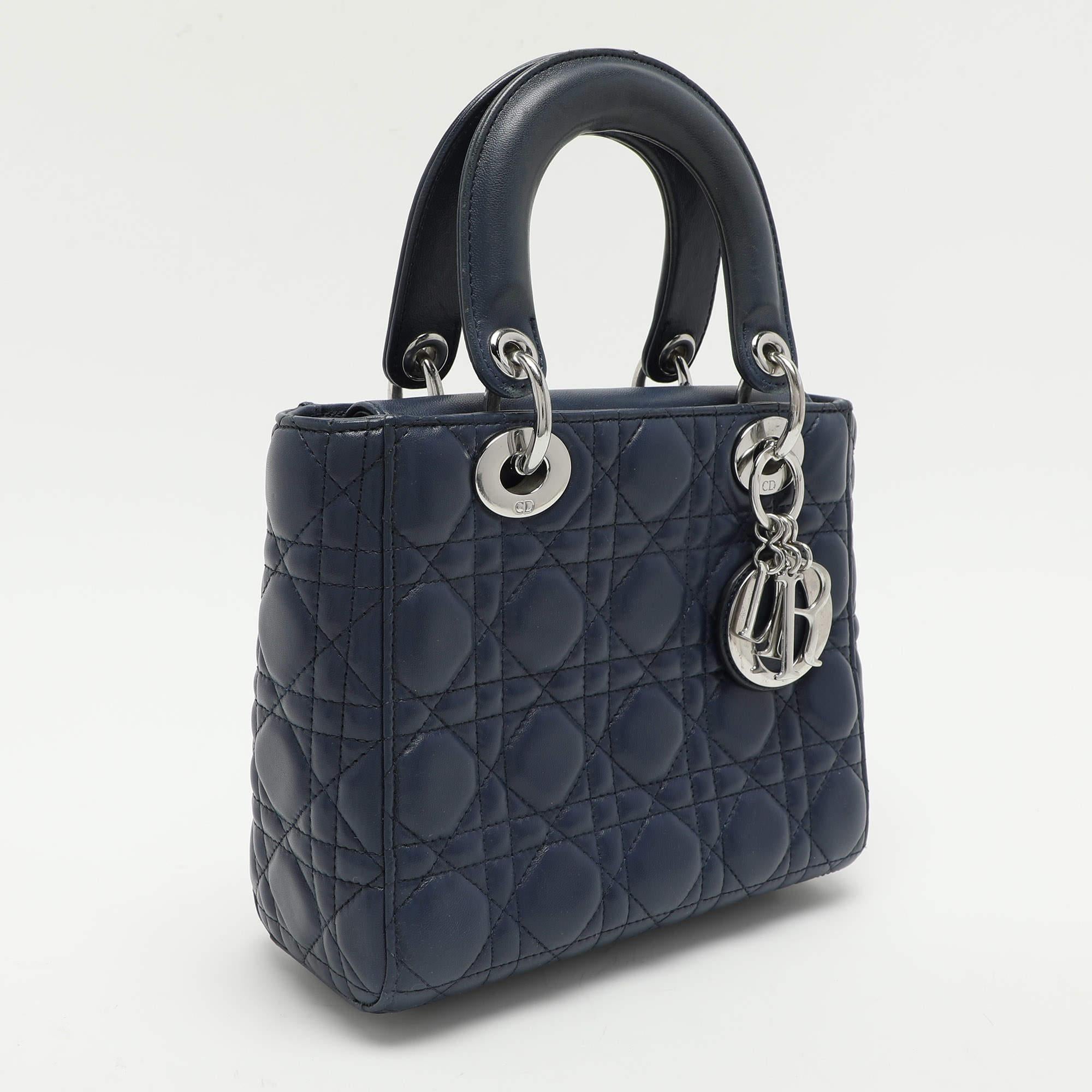 Black Dior Blue Cannage Leather Small Lady Dior Tote For Sale