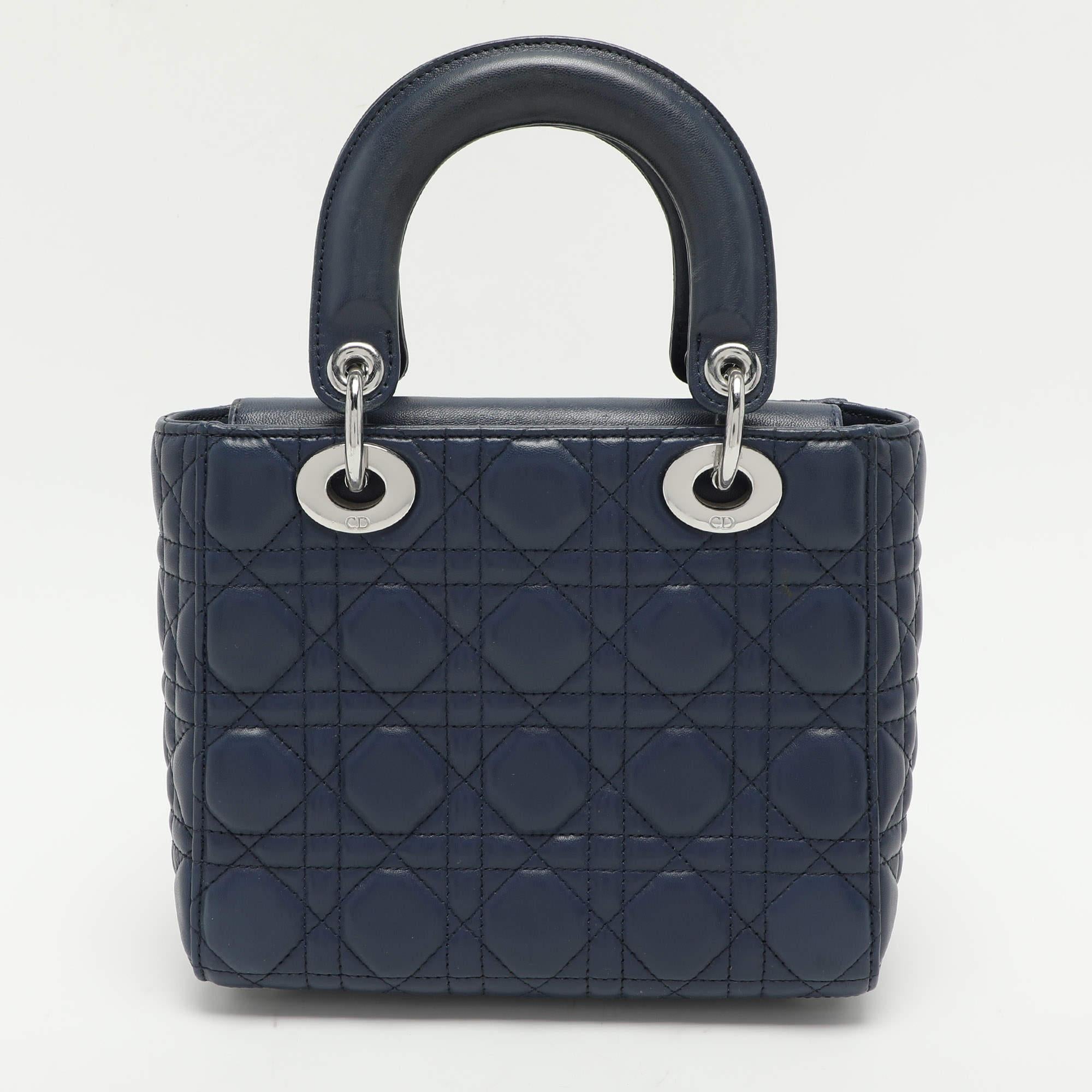 Dior Blue Cannage Leather Small Lady Dior Tote In Fair Condition For Sale In Dubai, Al Qouz 2