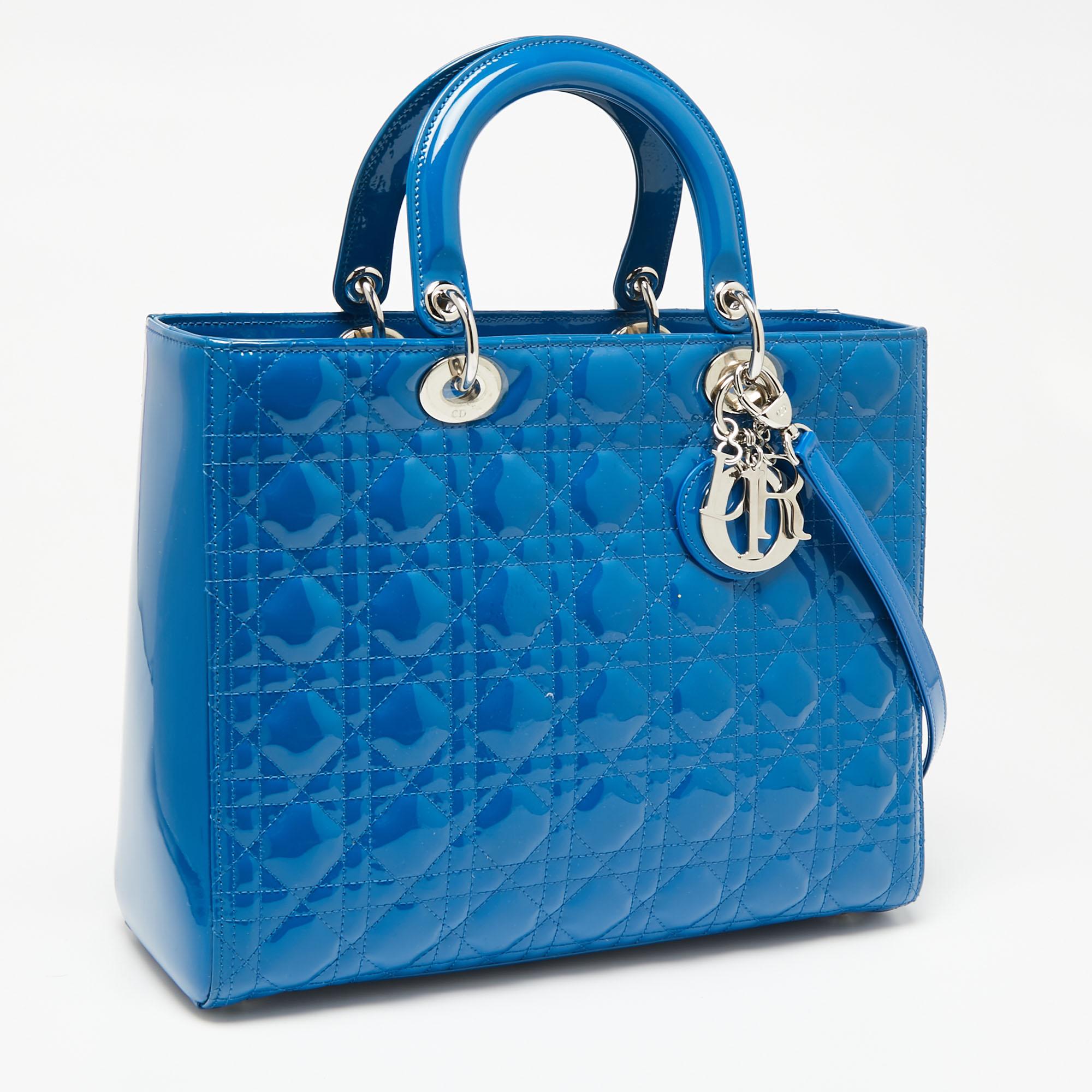 Dior Blue Cannage Patent Leather Large Lady Dior Tote In Good Condition In Dubai, Al Qouz 2