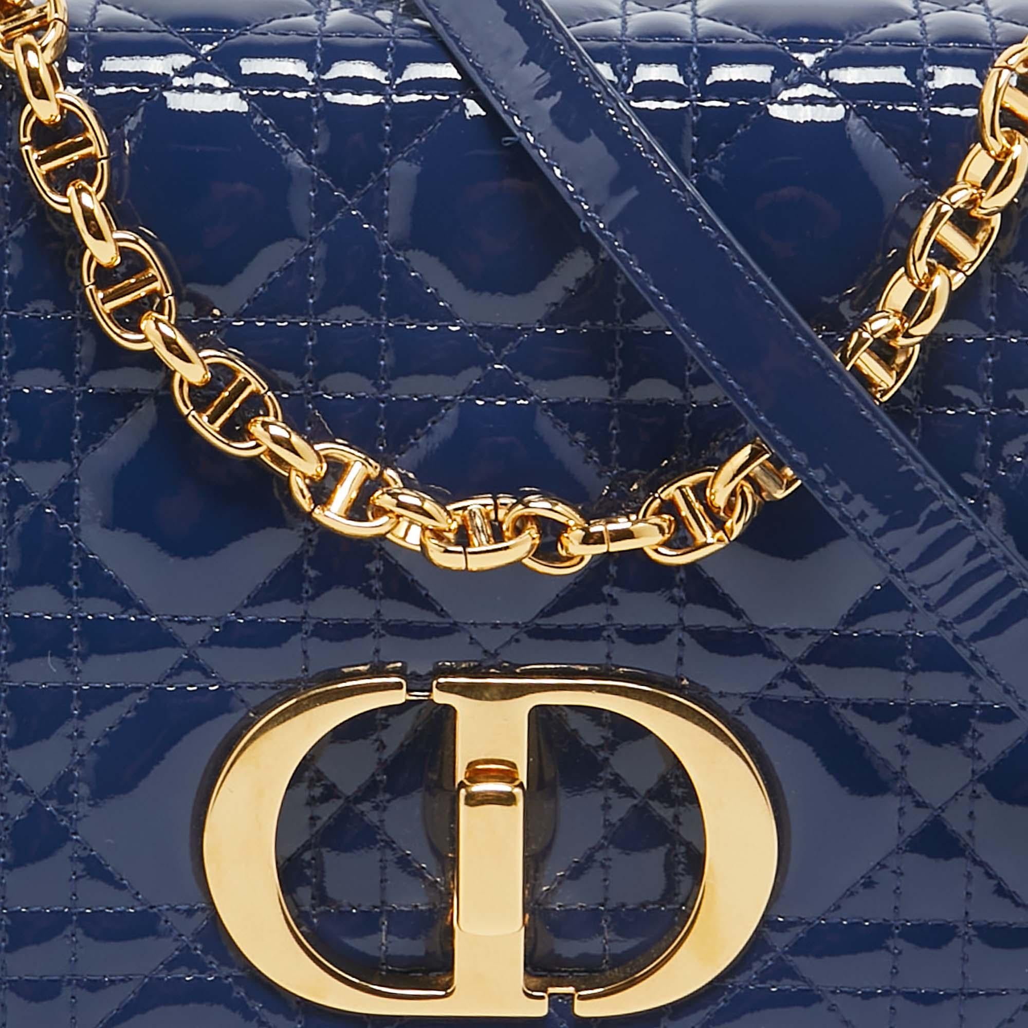 Dior Blue Cannage Patent Leather Medium Caro Shoulder Bag For Sale 6