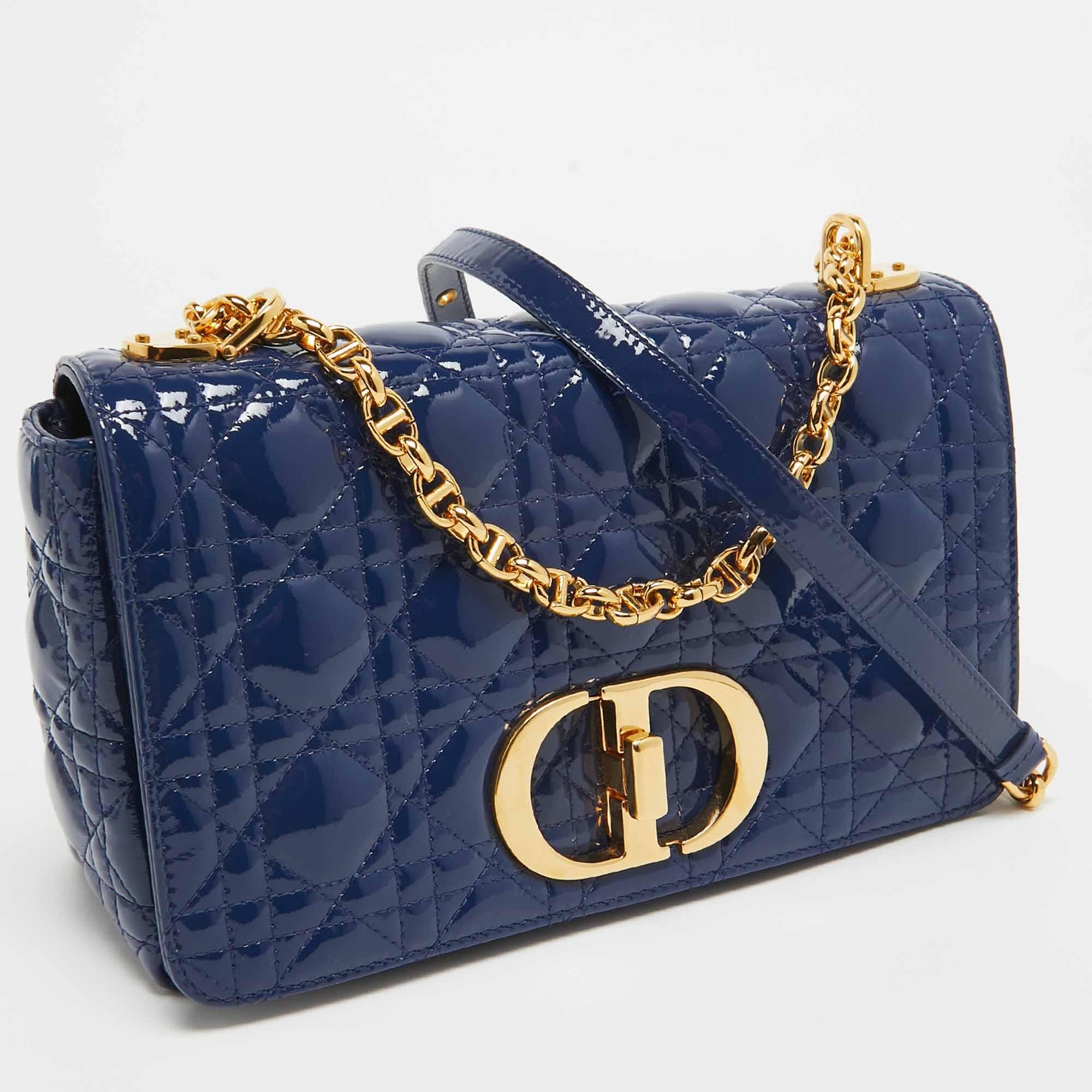 Dior Blue Cannage Patent Leather Medium Caro Shoulder Bag In Excellent Condition For Sale In Dubai, Al Qouz 2