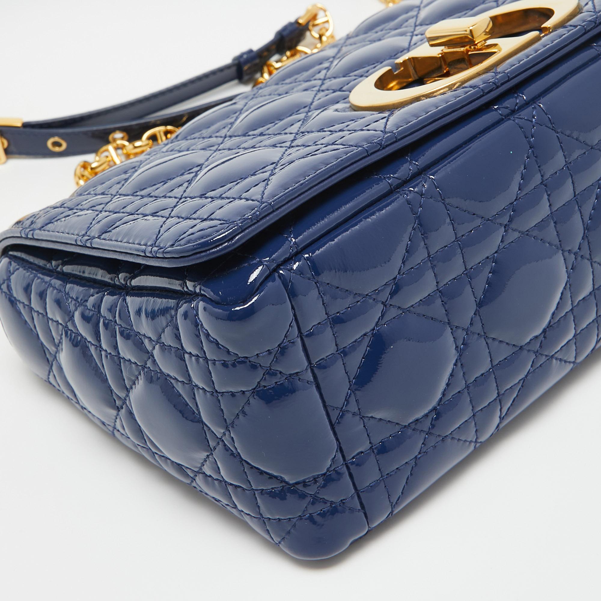 Women's Dior Blue Cannage Patent Leather Medium Caro Shoulder Bag
