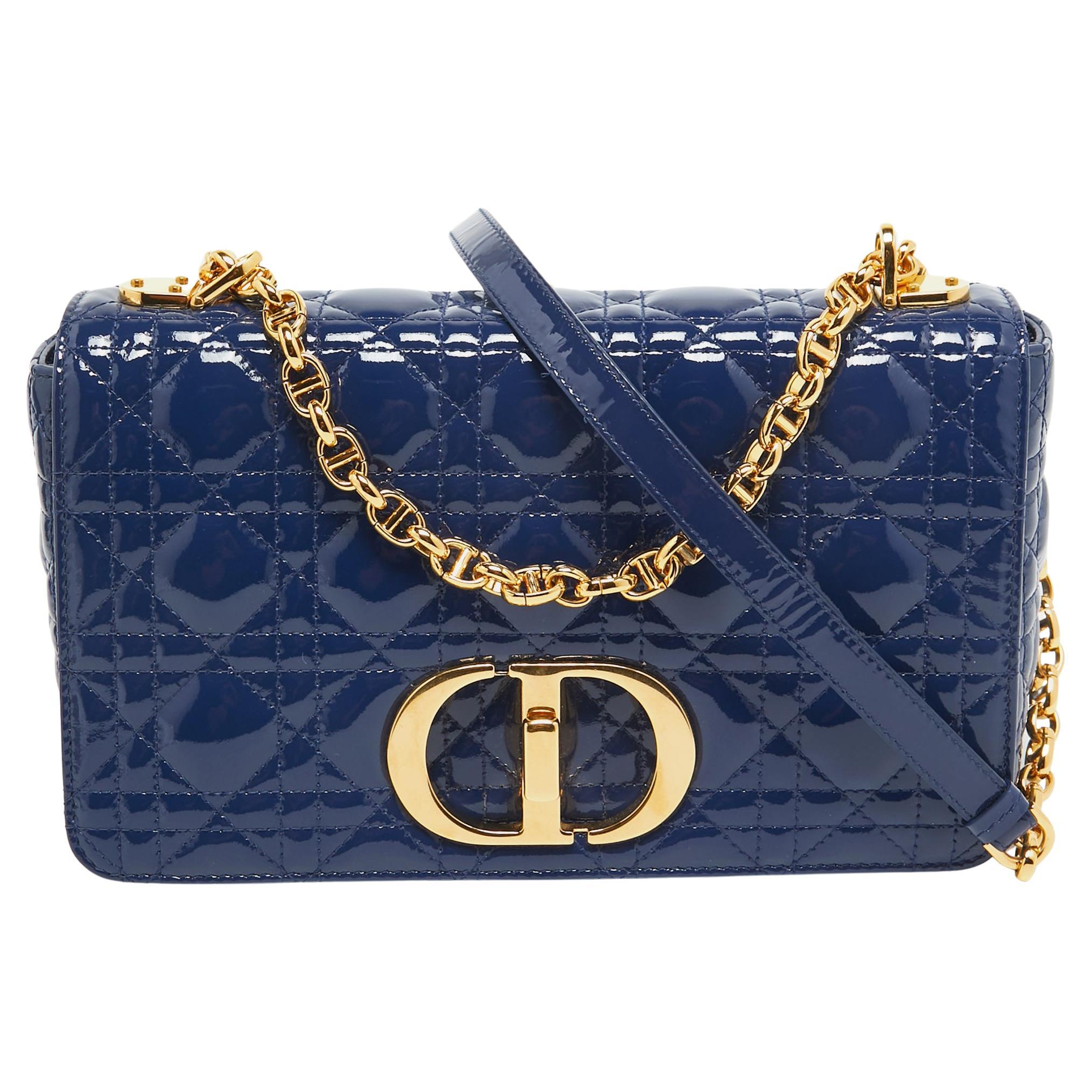 Dior Blue Cannage Patent Leather Medium Caro Shoulder Bag For Sale