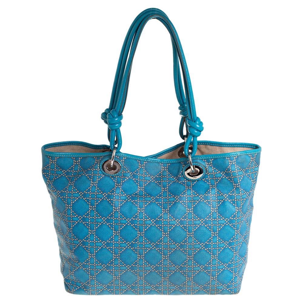 Dior Blue Cannage Print Coated Canvas and Leather Lady Dior Tote In Good Condition In Dubai, Al Qouz 2