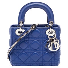 Used Dior Blue Cannage Quilted Leather Mini Lady Dior Bag