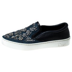 Dior Blue Canvas And Leather Embroidered Slip On Sneakers Size 38