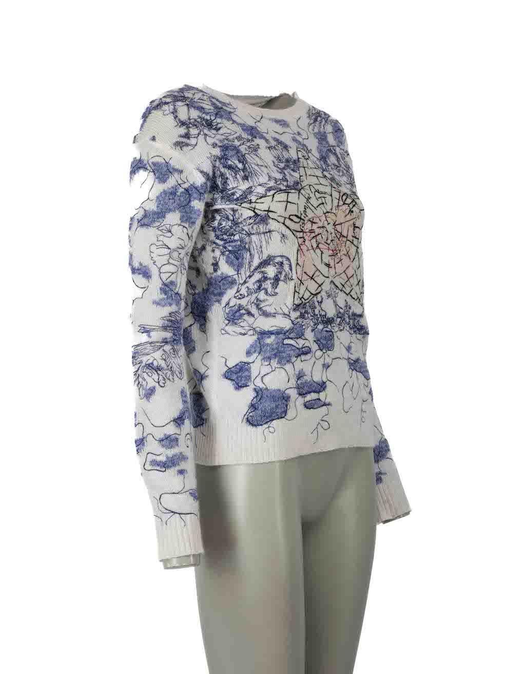 CONDITION is Good. Minor wear to jumper is evident. Light discoloured marks to overall fabric on this used Dior designer resale item.

Details
Toile De Jouy
Blue
Cashmere
Jumper
Round neck
Embroidered pattern

Made in Italy 

Composition
100%