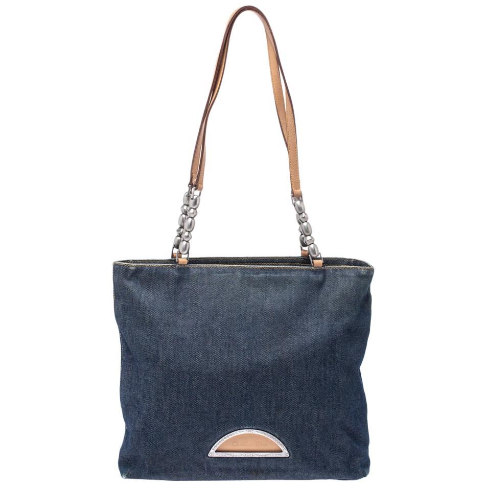 Dior Blue Denim and Leather Maris Pearl Tote