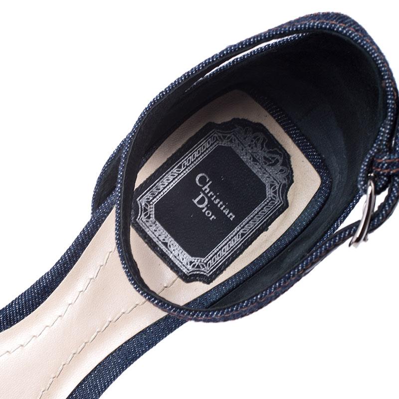 Black Dior Blue Denim Ankle Strap Block Heel Sandals Size 38.5