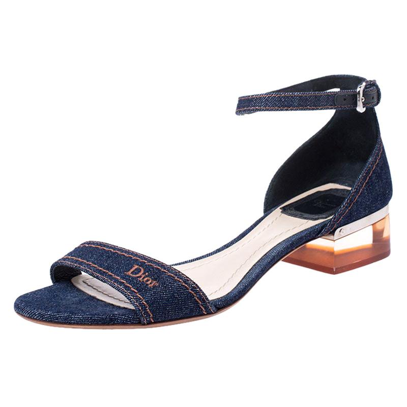 Dior Blue Denim Ankle Strap Block Heel Sandals Size 38.5