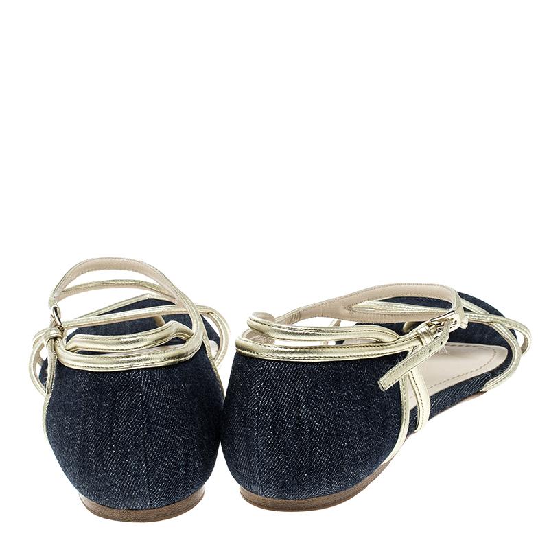 Beige Dior Blue Denim Ankle Strap Thong Flat Sandals Size 40